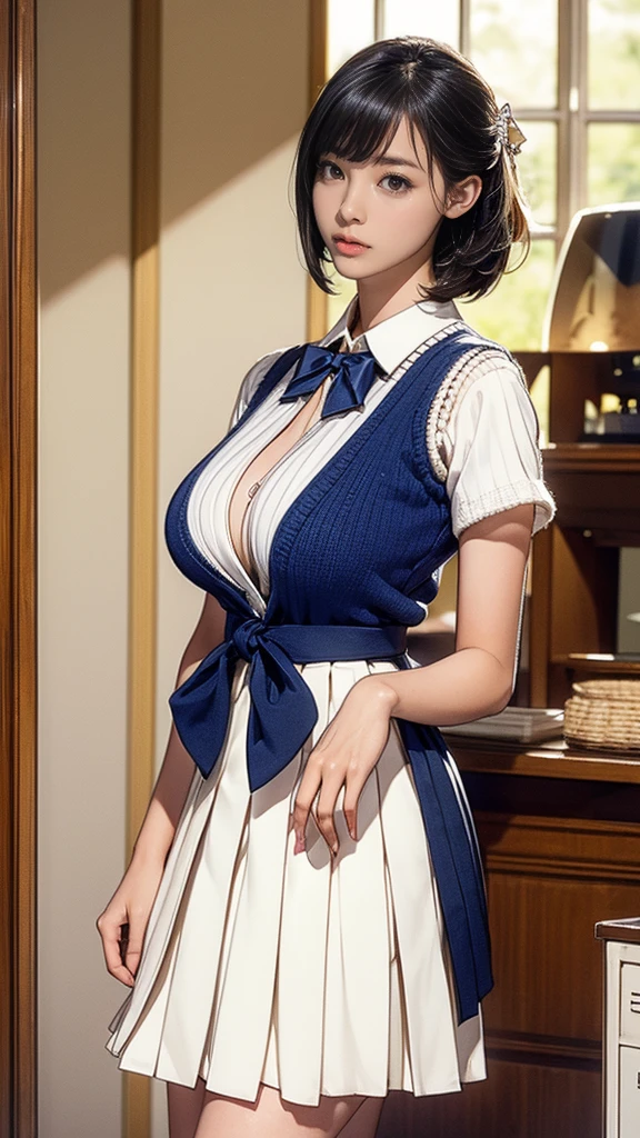 Tomboy girl wearing a Thai school uniform, with undercut hair like a boy but with sexy curves like a woman, with a deep plunging neckline that reveals her large breasts.