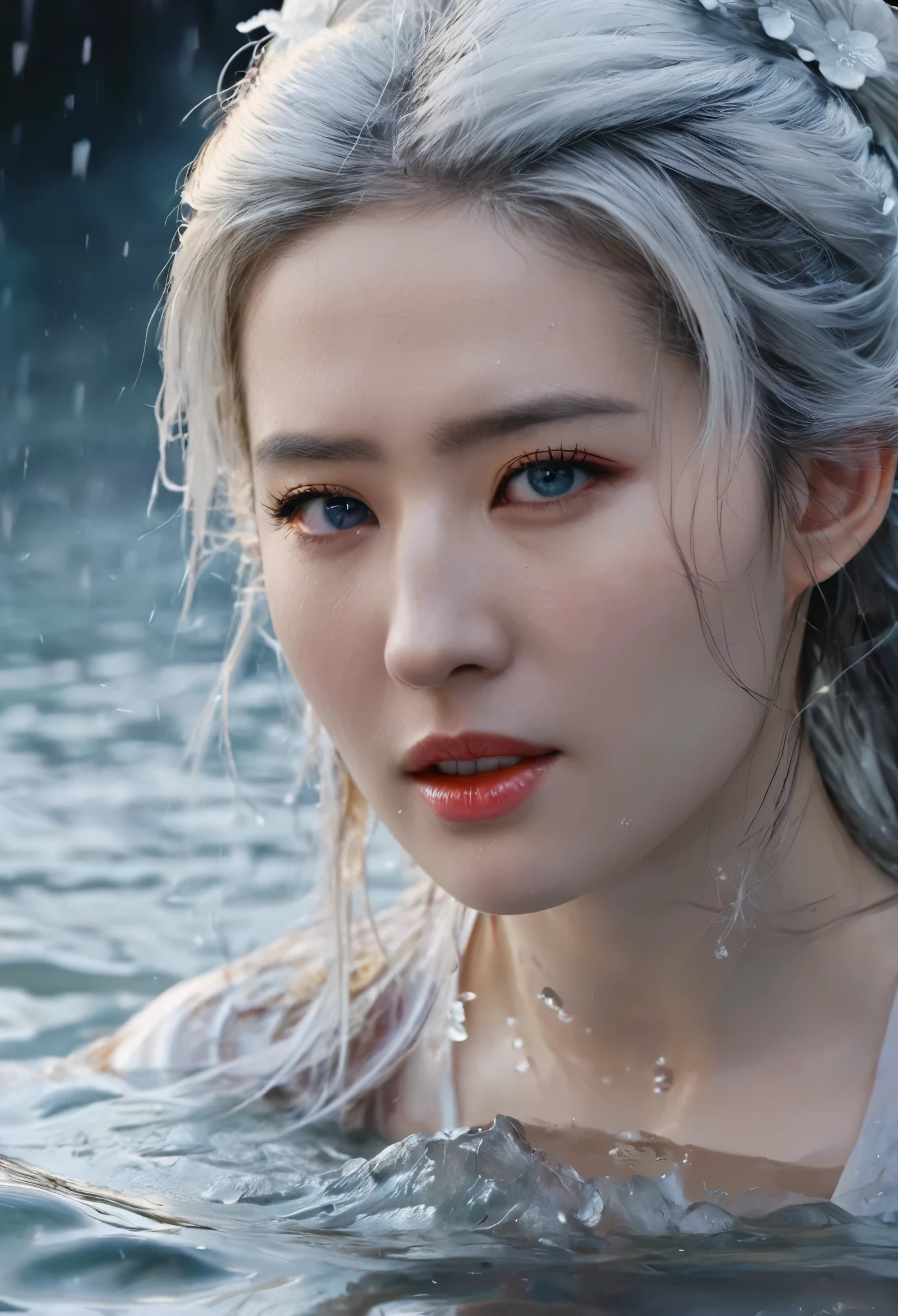 Seven part photos, masterpiece, best quality, Official Art, Extremely detailed CG 8k wallpaper,(Flying petals)(Detailed ice) ,  water晶质感皮肤, Cold expression, White hair, Long hair, Messy hair, blue eyes, Looking at the audience, Extremely refined, water,  ((Beautiful and delicate eyes)), Very detailed, Movie Lighting,((Pretty Face),fine water surface, (Original figure painting), Very detailed, Very detailed,  (Extremely refined), Beautiful and delicate eyes, 