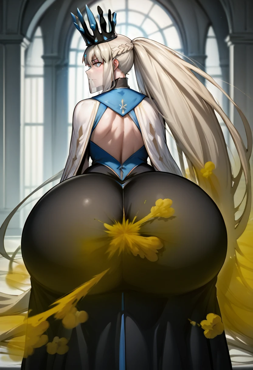 Highest quality, masterpiece, High Resolution, 1 girl, long hair, grey hair, blue eyes, very long hair, ponytail, Split ponytail, french braid, Crown, veil, spiked collar, black dress, Ass, hyper Ass, huge Ass, big ass, wide hip, gigantic ass, fart, farting, yellow_smoke, yellow_gas, sprays,