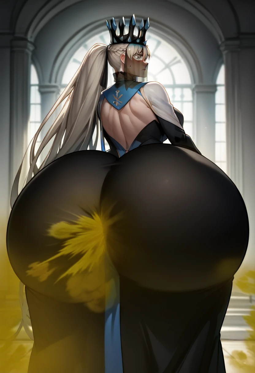 Highest quality, masterpiece, High Resolution, 1 girl, long hair, grey hair, blue eyes, very long hair, ponytail, Split ponytail, french braid, Crown, veil, spiked collar, black dress, Ass, hyper Ass, huge Ass, big ass, wide hip, gigantic ass, fart, farting, yellow_smoke, yellow_gas, sprays,