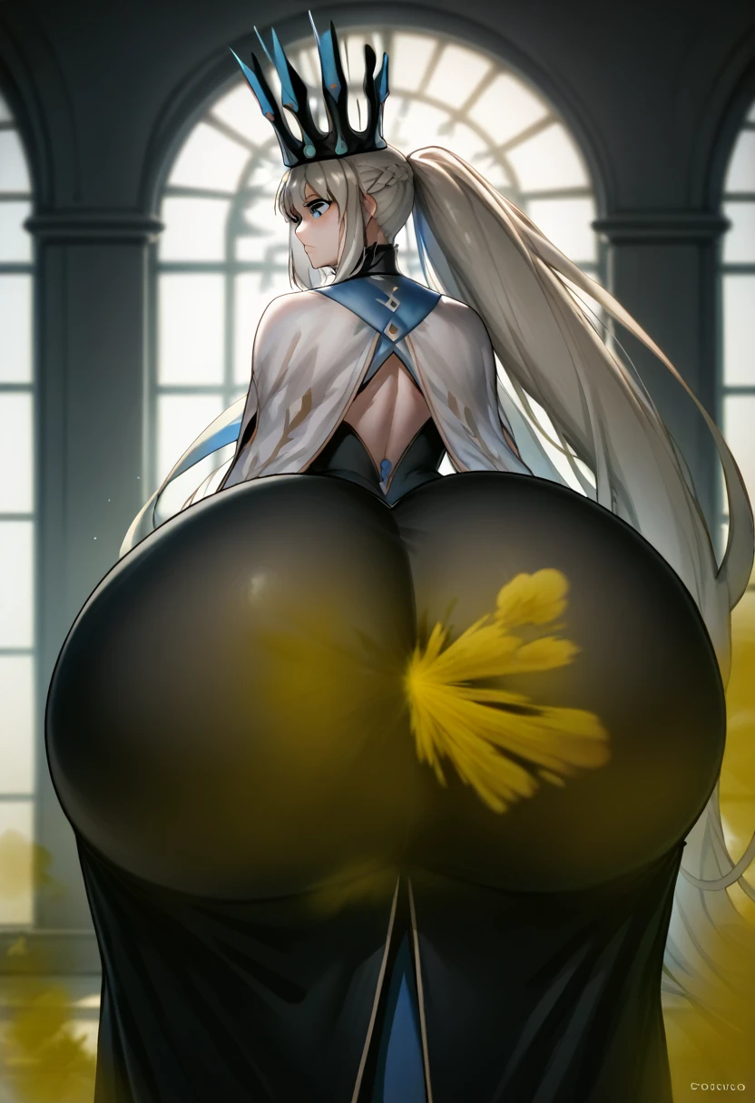 Highest quality, masterpiece, High Resolution, 1 girl, long hair, grey hair, blue eyes, very long hair, ponytail, Split ponytail, french braid, Crown, veil, spiked collar, black dress, Ass, hyper Ass, huge Ass, big ass, wide hip, gigantic ass, fart, farting, yellow_smoke, yellow_gas, sprays,