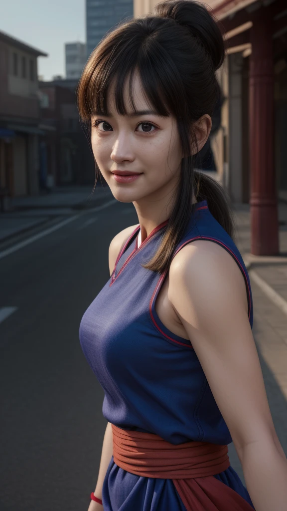 chichi, 1girl, solo, black eyes, black hair, blunt bangs, sidelocks, low ponytail,
china dress, blue dress, sleeveless, red sash, wristband, bare shoulders,
smile,closed mouth,cowboy shot,
city ,outdoor, sunny, light on face
(insanely detailed, beautiful detailed face, masterpiece, best quality) cinematic lighting, (insanely detailed, beautiful detailed face, masterpiece, best quality) cinematic lighting, (photo realistic:1.4), (hyper realistic:1.4), (realistic:1.3), (smoother lighting:1.05), (increase cinematic lighting quality:0.9), 32K