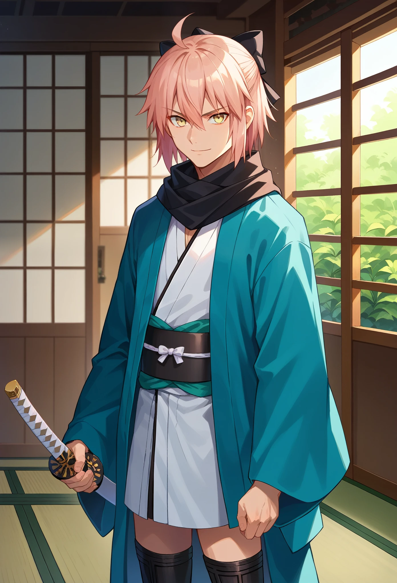 score_9, score_8_up, score_7_up, 1boy, solo, okita souji, ahoge, pink hair, hair between eyes, hair bow, short hair, yellow eyes, black scarf, black bow, japanese clothes, kimono, sash, scarf, black thighhighs, standing, slight smile, holding a katana, holding two hamds, glow katana, cowboy shot, looking at you, japanese garden
