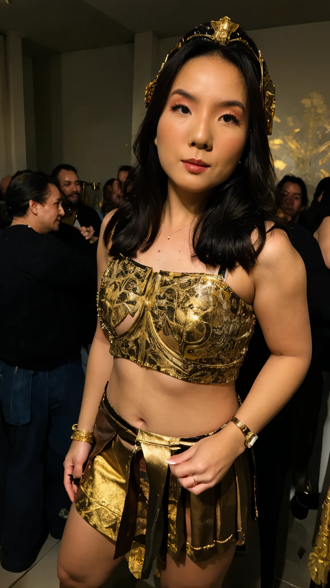 beautiful muscular antique greek spartan warrior asian girl, detailed face with piercing eyes, flowing dark hair, wearing ornate spartan helmet with ornate gold and bronze details, wearing detailed spartan battle armor with intricate gold and bronze designs, holding a golden sword, dramatic lighting, cinematic angle, highly detailed, photorealistic, 8k, masterpiece