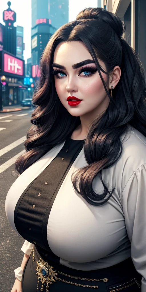 Stylish, young woman posing in a modern urban setting, reminiscent of street photography, digital photograph, high-definition resolution, monochrome color scheme, cleavage, [Thalia Tran|Haley Tju]