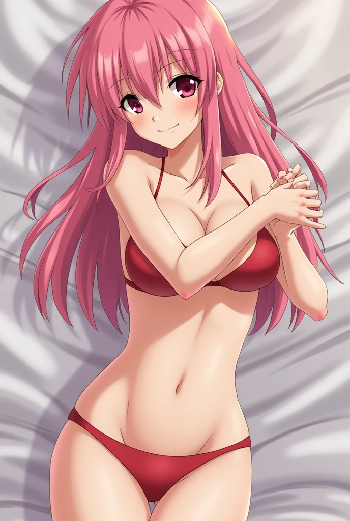 (zerotwo from darling in the franxx), valentine, (((tied in red ribbon))), holding chocolate, on bed, ((melting chocolates on breast),(upper body view naked),((anime style)),(((tied)))