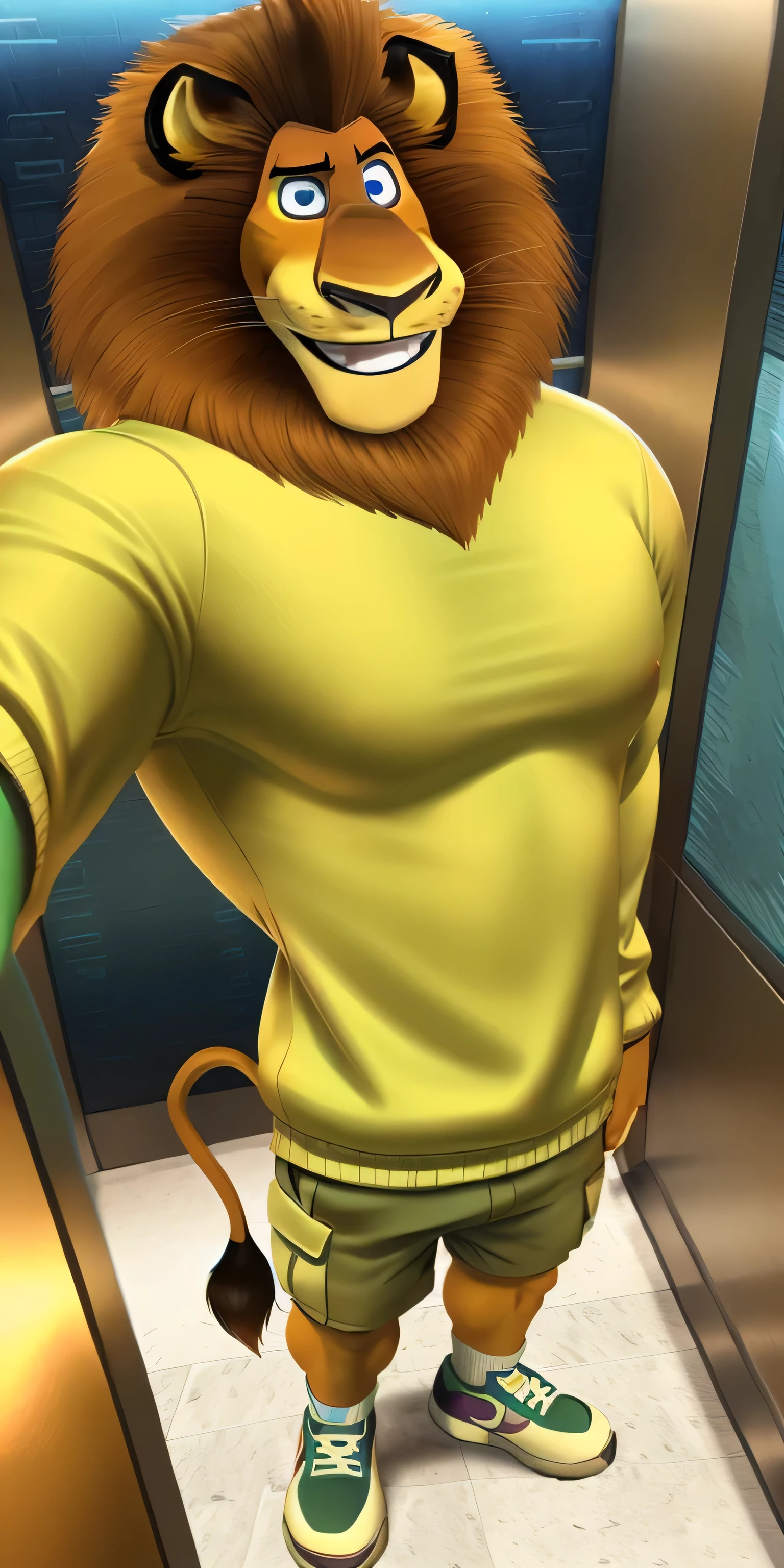 Alex the Lion, muscular body, big biceps, extremely beautiful and cute face, perfectly detailed blue eyes with perfectly detailed pupils, wears light green sweatshirt, light green cargo shorts, green sneakers, short socks, elevator background, selfie, friendly look, cute smile