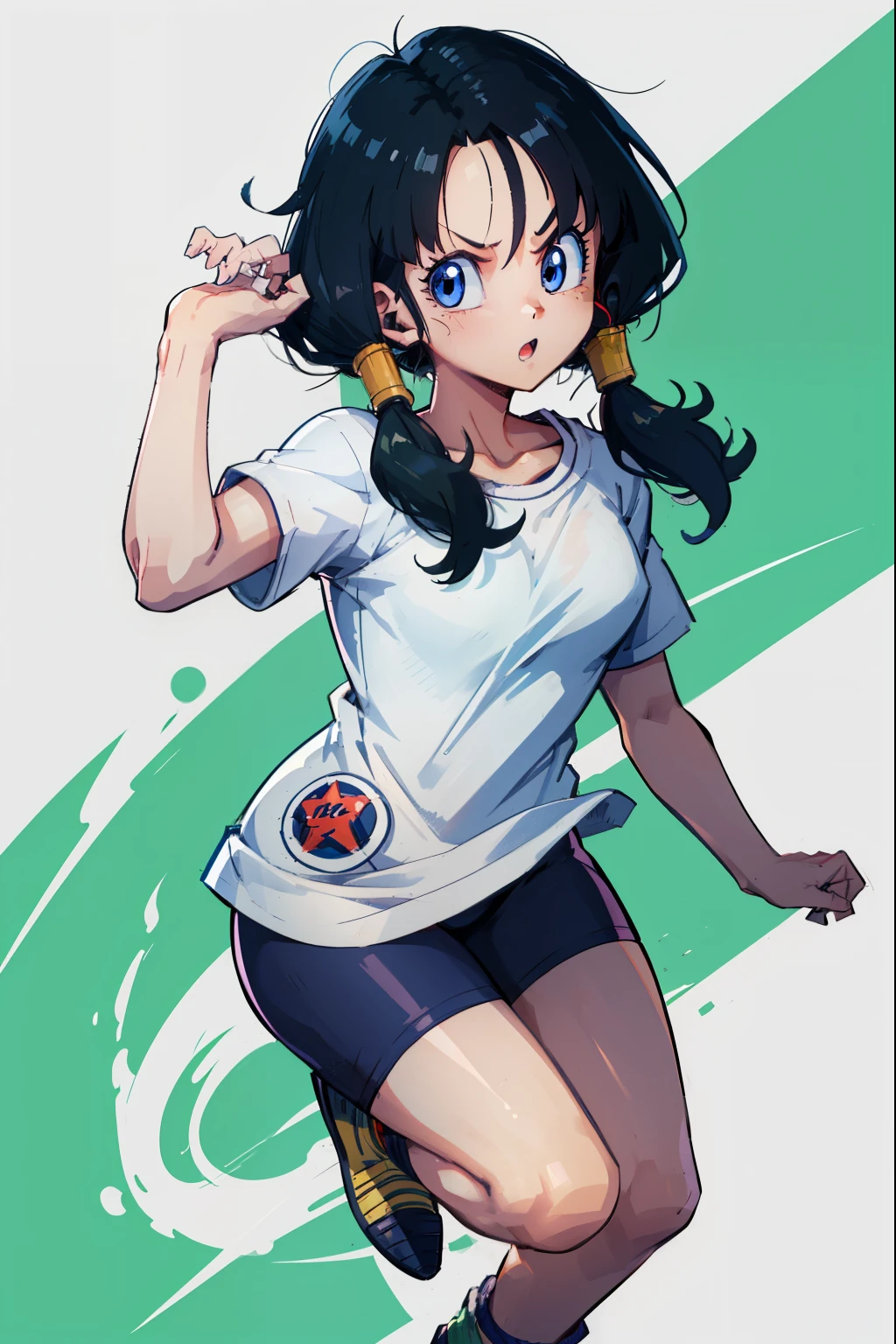 Videl,Saw 2,Low twin tails,White T-shirt,badge, bicycle_Shorts,Green shoes,Serious face,Fantastic forest,Ultra-high quality,Highest quality,4K quality,Energy Wave,Are standing,blue eyes,Full body view,from the front,Hands on chest,