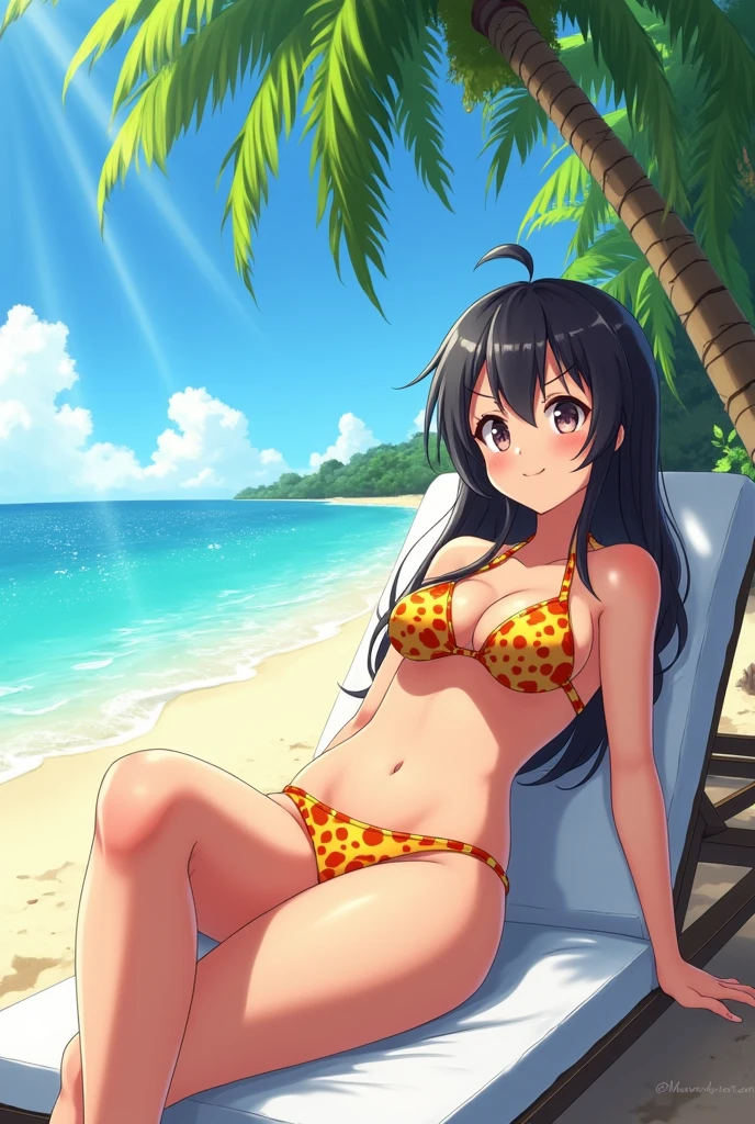 A cute frilly orange bra、Cute orange frilly underwear、barefoot、Sandy beach, cumulonimbus clouds and blue sky、An abundance of tangerines, apples, muscat grapes, bananas and melons surround the girl.