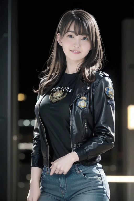 Natlp portrait of beautiful female model., Georgia Fowler, Beautiful Face, Short dark brown hair, Cyberpunk city at night. She is wearing a leather jacket., Jeans Negros, Dramatic lighting, (Police Badge:1.2)