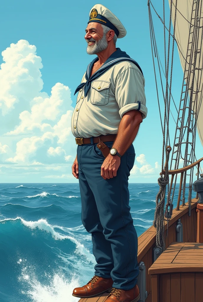 Um homem de 50 anos, big gray beard, sailor, white  shirt, White beret on head, with a pipe in his mouth, muscled body, laughing, on a ship at sea, twilight