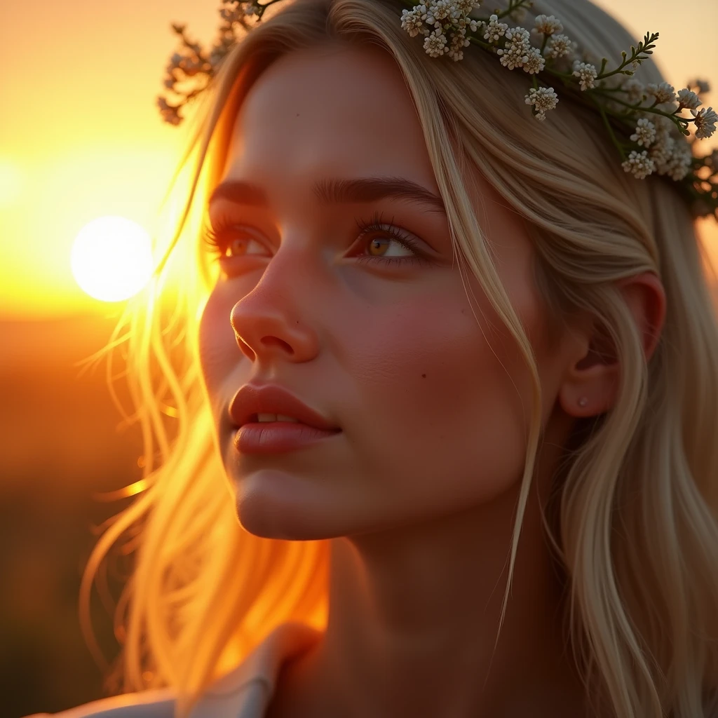 Capture a woman outdoors during sunset hour with natural light, lens flare, and a vibrant background for a dreamy effect.