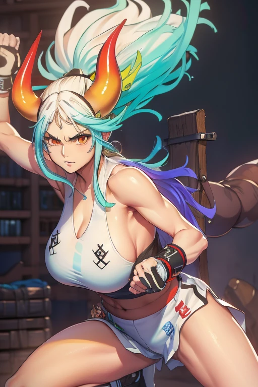 (tabletop, 8k,very detailled),1 girl, へそ, sleeveless, high necked, Red eye, long  white hair,She has two red horns on her head., gola alta sleeveless cor azul , big breastss , mitts, top cut, Shorts cor preta,, armors, open jacket，Squat exercise ，Large size fingerless chest gloves, big breasts , dynamic angle，Smaller abs，，The light is dim，Surreal graphics，color red，yellow，orange colors，green color，blues colors，Blue green，purple color，in pink，mitts de taekwondo，using nun，boxing ring，Gym room，arms raised，clench your fists，Masterpiece fighting stance