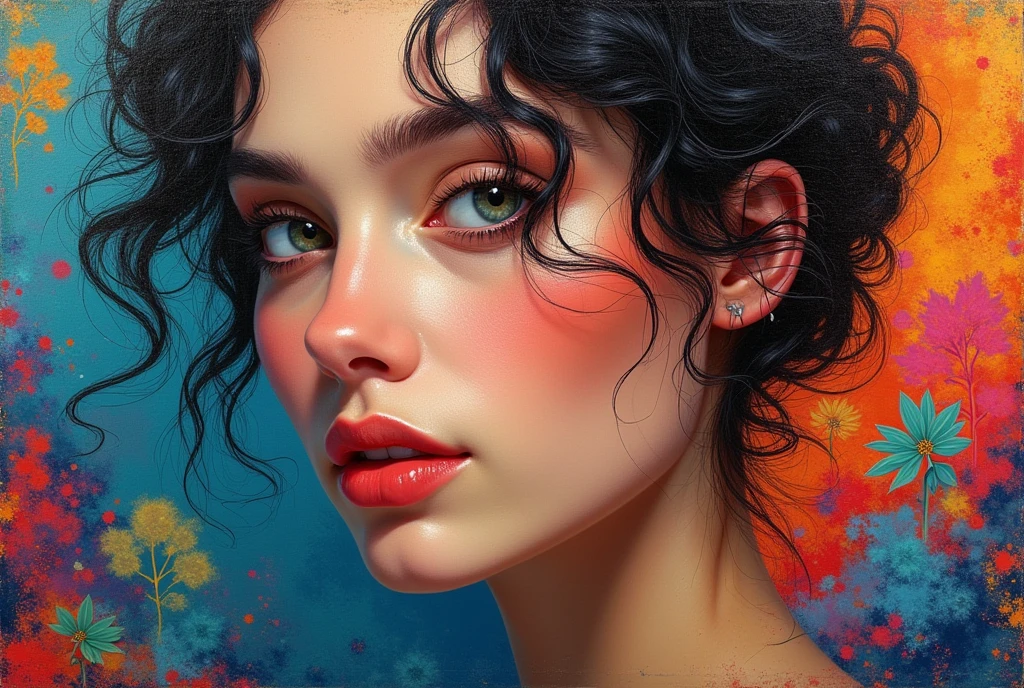 Capture the spirit of the wind with liquid paint thawing in a swirl of pointillism, traversing a spectrum of multiple random colors, concept art 4k, extreme detail, intrikate, luminescent bright screen, motion, dynamic, sharp glossy focus, create a perfect female face with intrikate detail, ornated, best qualityer, work of art