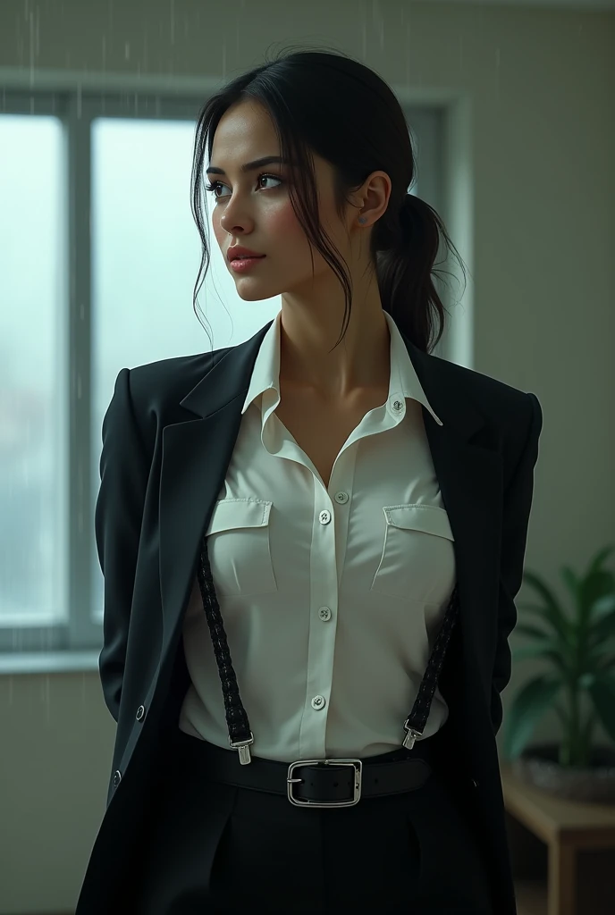 Cat woman from Batman in white button down that’s almost entirely unbuttoned showing lots of cleavage and tits, and black business tie that is loosened, and black mini skirt