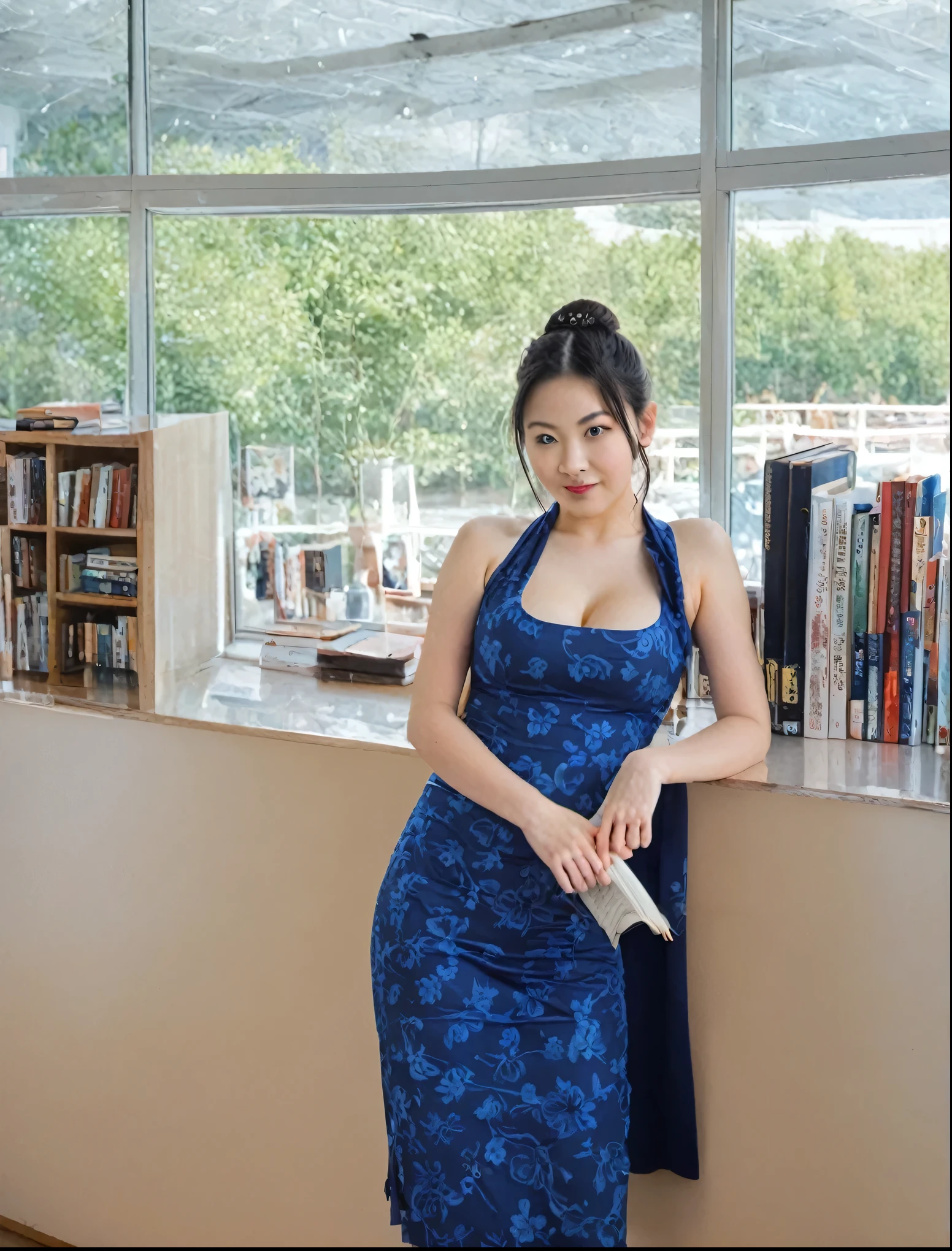 A Chinese woman wearing fashionable clothes, reading in a bookstore, with an internet celebrity style