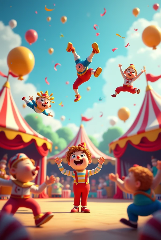 (best quality, high resolution), detailed, Vibrant colors, happy children, amusement, balloon, Funny facial expressions, Exaggerated gestures, Circus tent, Circus props, laughter, amusement park, Children's entertainment, Energetic, magic, Audience interaction, Big shoes, Colorful clothes, artifice, balloon动物, Circus music, laughter and applause