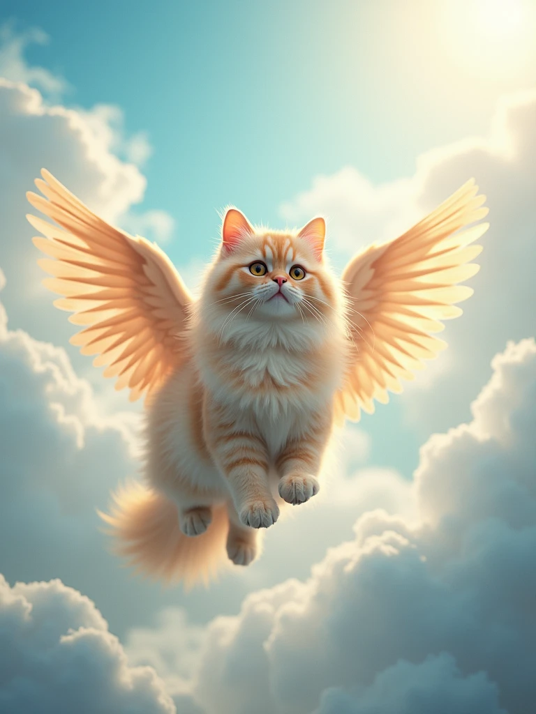 ((best qualityer)), Divine glowing cat with big ears with wings flying in the day sky 