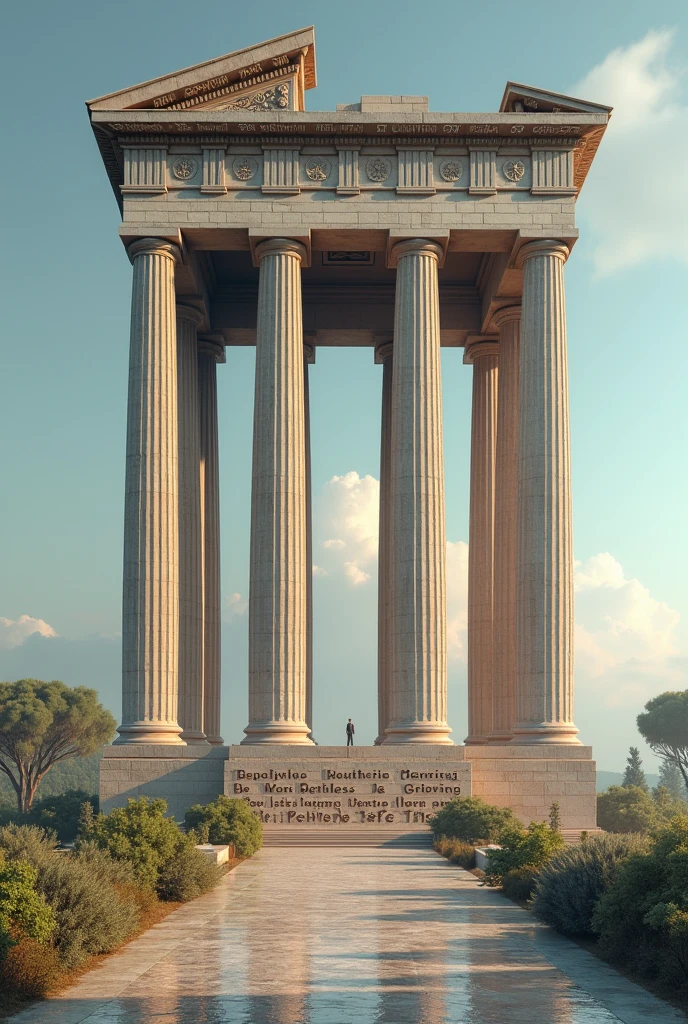 create an image based on the coliseum columns with the following items:
Elongated base:
- Mission - Vision - Values The ground will be:
- Corporate culture The pillars:
- Policies - Standards - Procedures - Work Instructions The roof support base will be:
- Business planning - Business budget - KPIs At the top there will be: 
- Corporate governance