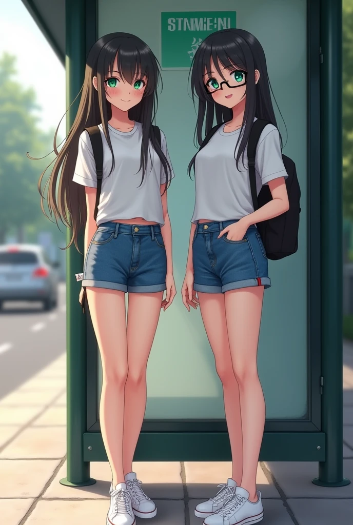 Latina teen, brown skin, beautiful face, small nose , eyelashes, blue eyes, long straight black hair, white school shirt, pink tie, grey medium length skirt, white socks, black fancy shoe, rear view, back view