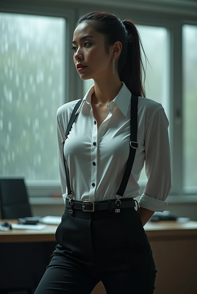 a woman in a suit, belt, hands behind back, sweating, suspenders, black pants, sexly, large breasts, see-through clothing, rain, detective, office worker, white button-up shirt, (best quality,4K,8k,highres,masterpiece:1.2),ultra-detailed,(realistic,photorealistic,photo-realistic:1.37),hyper-detailed,highly detailed face and body, Slender thin suspenders Moderate breasts See-through shirt Nipples holster chain Pistol Armament criminal Female criminal knife japanese profile Japanese women arrested handcuff belt