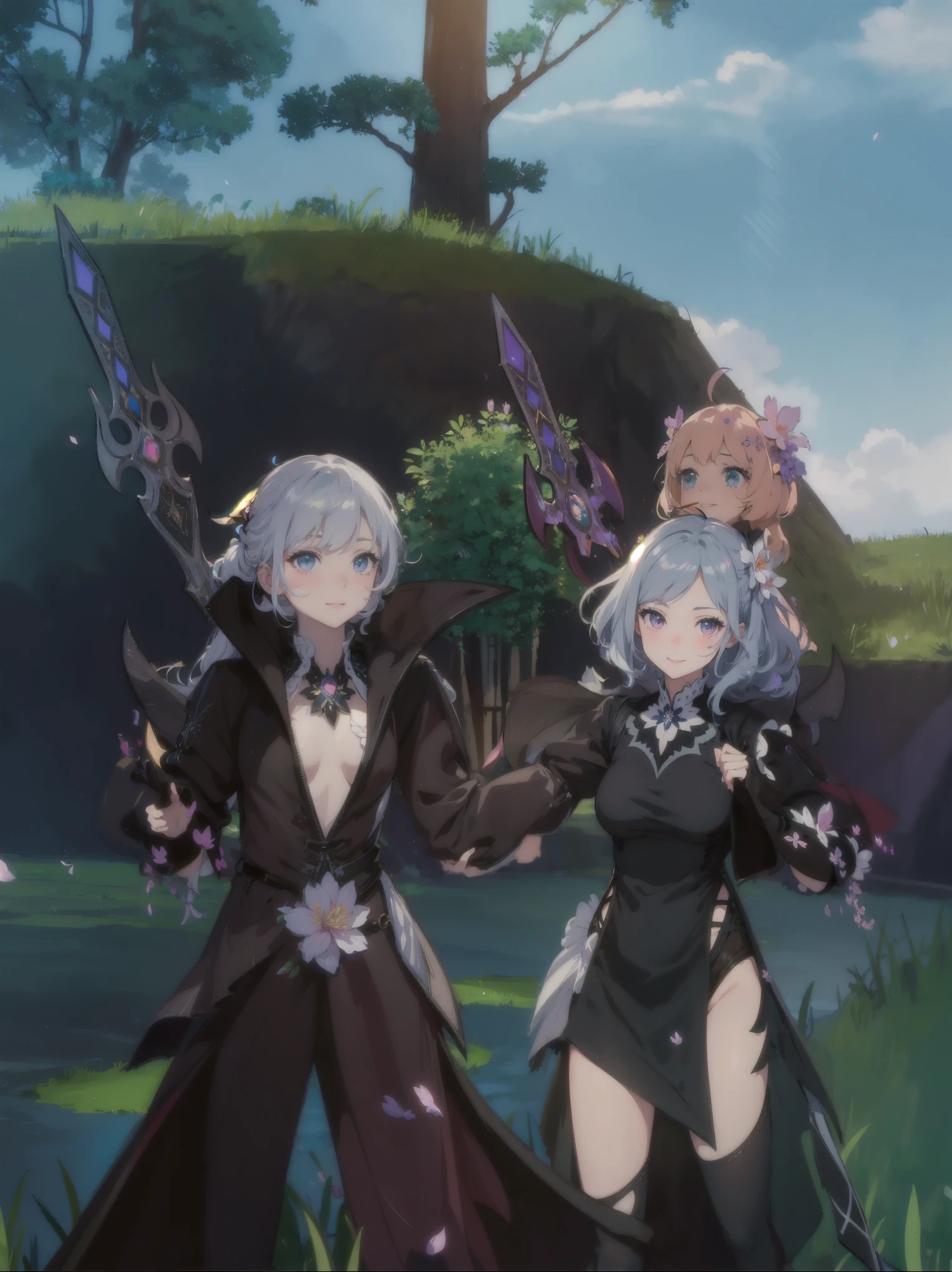Two anime girls in black outfits standing in front of a lake - SeaArt AI