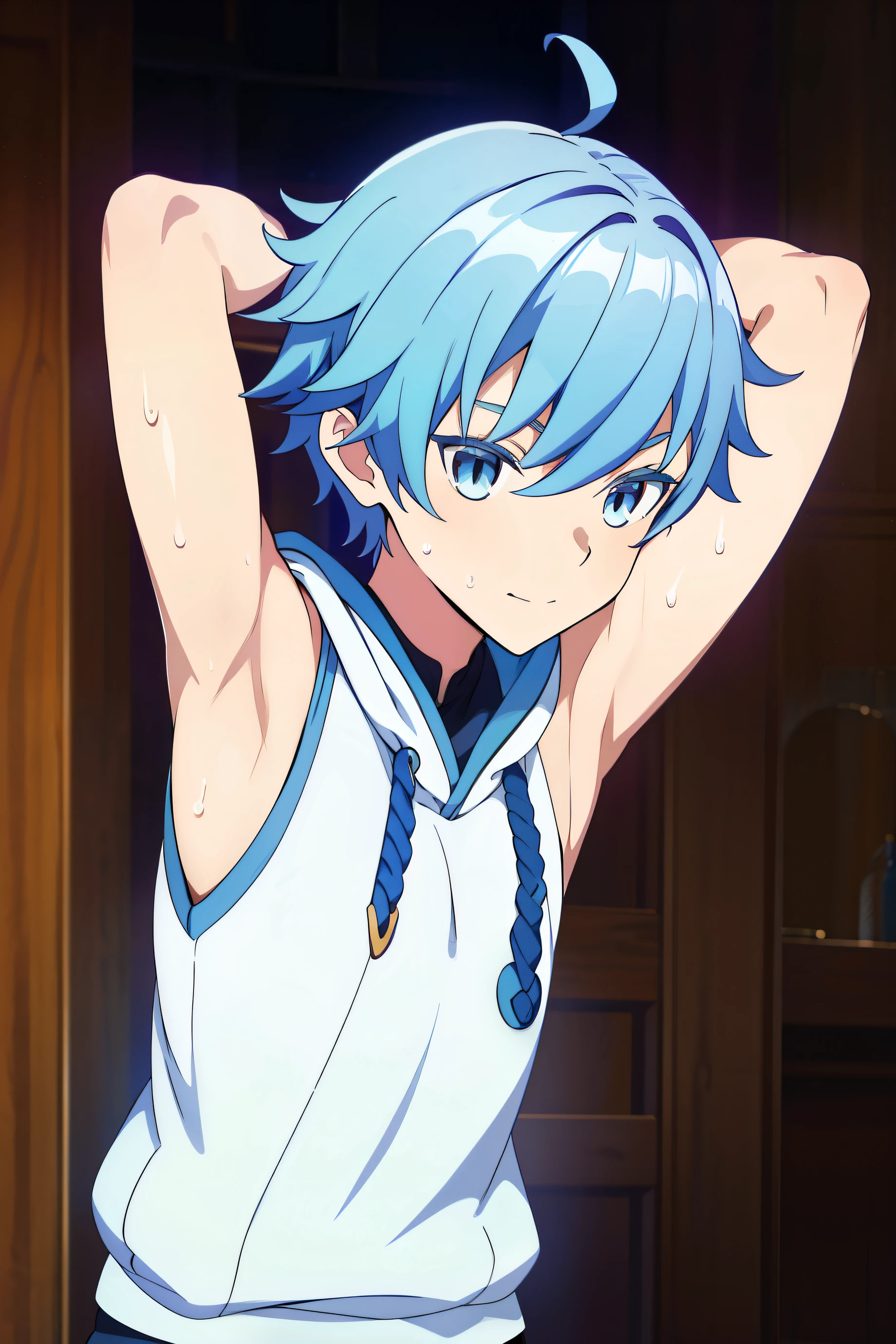 Highres, Masterpiece, Best quality at best,Best Quality,hight quality, hight detailed, Anime style, 1boy, Shota, young boy,14-years-old, chongyun, blue hair, blue eyes, short hair bangs, hair between eyes, Sleeveless hoodie, Bare shoulder, body, light smile, Seen from the front, (Showing armpit:1.3), (very young boy), (very small and short body), Simple beckground, cute boy, Uhd, bokeh, sweat