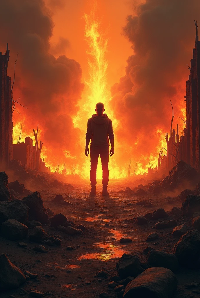 Apocalyptic ultra realistic photography of a man with nuclear professional mask and wear radioactive orange dress,  
in the background a dramatic nuclear explosion --auto --s2