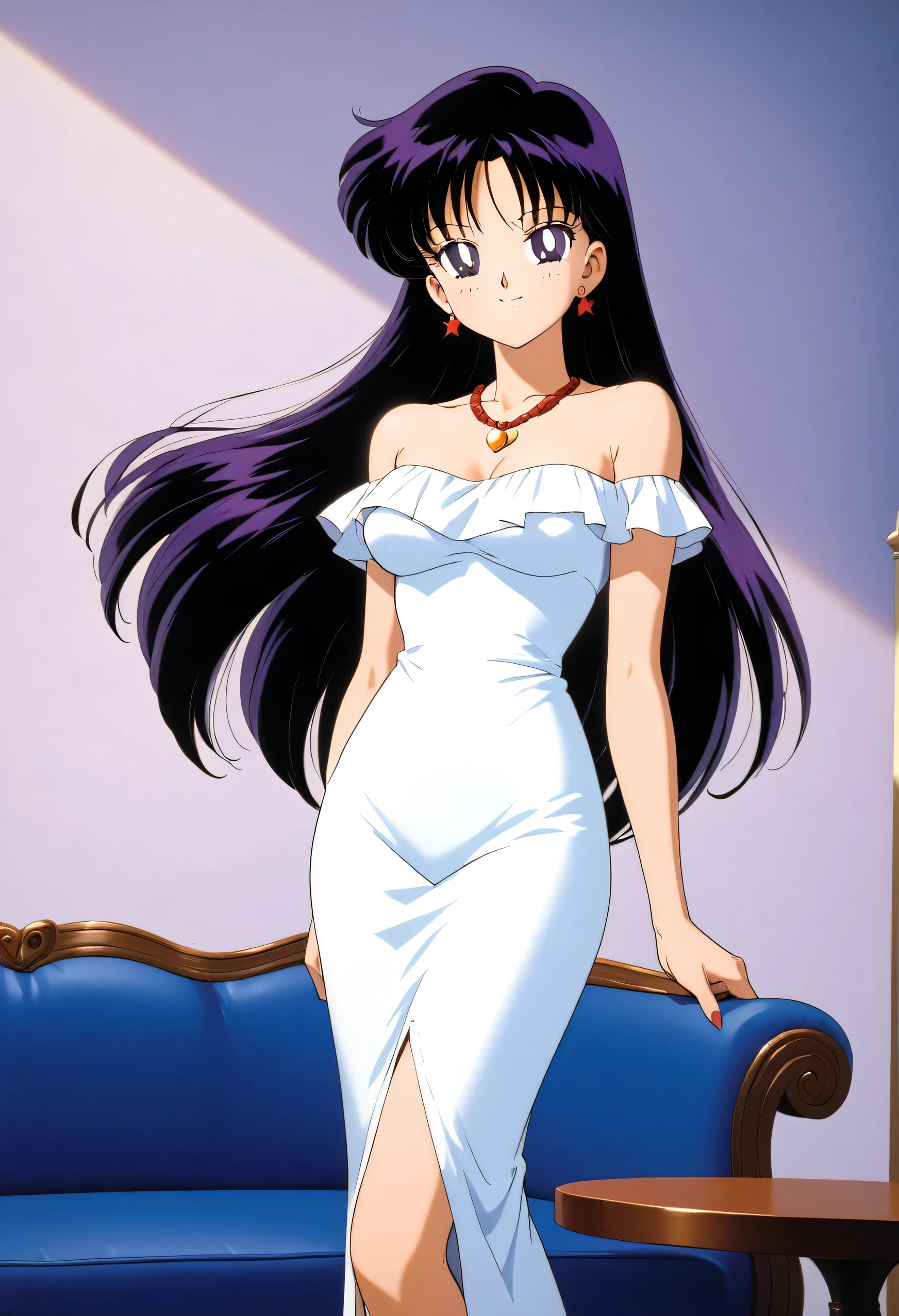 aamars, very long hair, black hair, parted bangs, purple eyes, 1990s \(style\), 1 girl, solo, Best quality, masterpiece, High Definition, strapless, a short sleeve white off-shoulder tight dress, standing up, arms at sides, necklace, indoors, blue sofa, seductive smile
