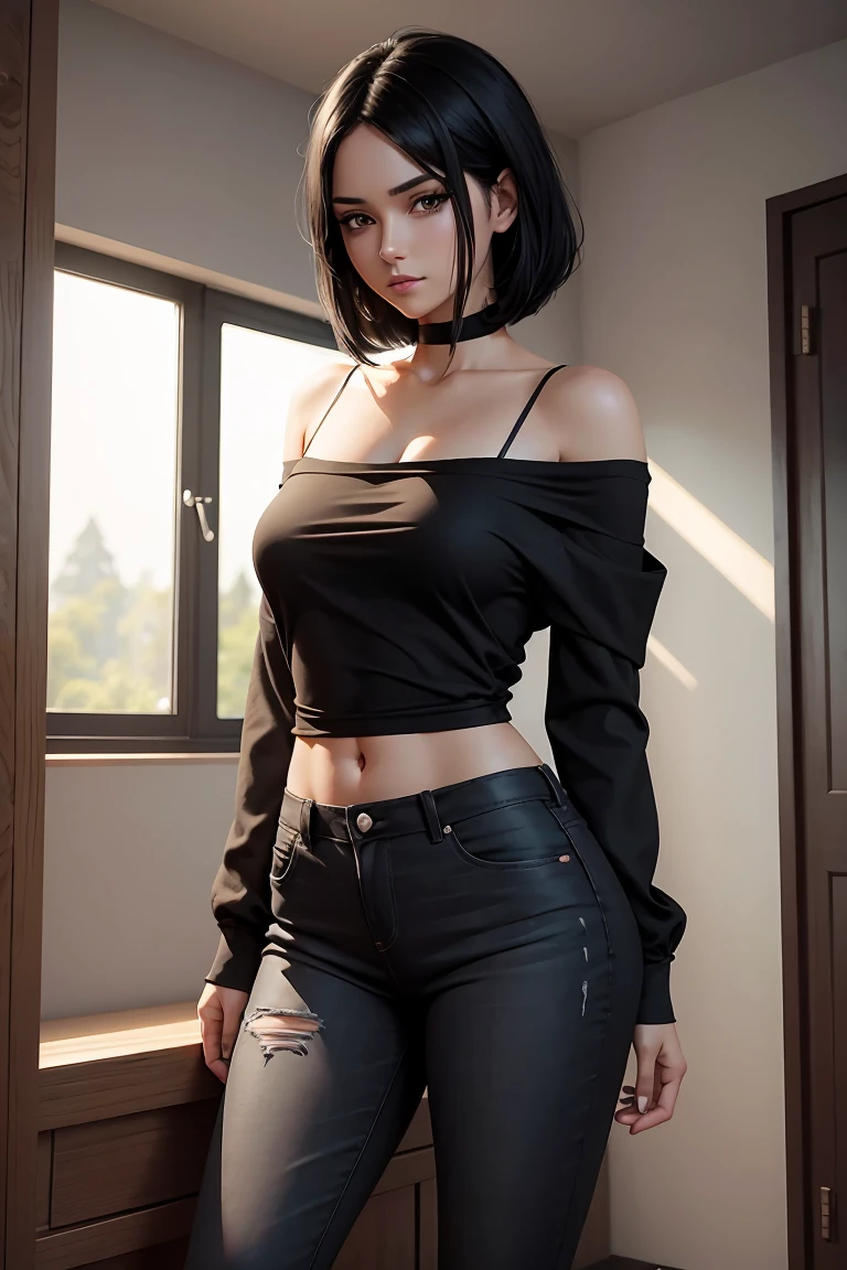 sooahdef, black hair, blue eyes, short hair
looking to the side, solo, breasts, parted lips, large breasts, looking away, camisole, cowboy shot, 1girl, black shorts, shorts, short shorts, bare shoulders, collarbone, cleavage
masterpiece, best quality