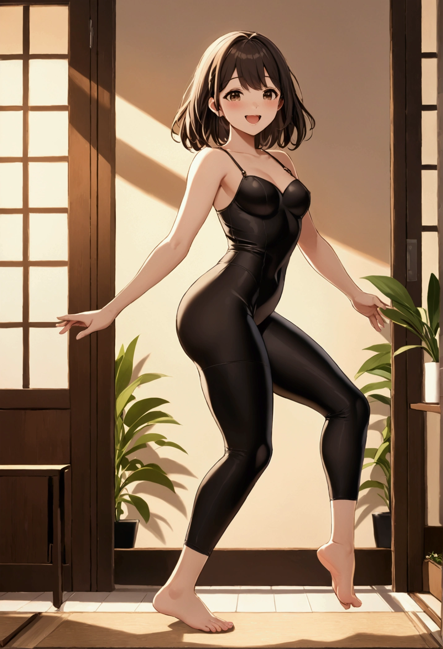 barefoot, gentle face, HD, 8k, artwork, sonrisa Kawai, thick legs, big butt, sexy, open legs, big thighs, M-shaped legs, black leggings, small breasts,  barefoot, excited, Whole body, sandals, Detailed feet