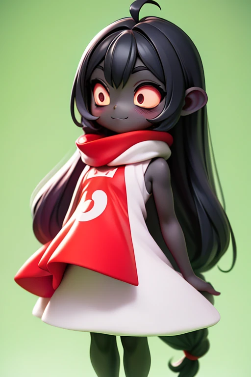 　Primary school students　young　small　height: 130cm　Standing picture Simple design　The dress is a one-piece　camisole　No sleeve　Sleeveless　Long Hair　Long black hair　Hair is black　Red eyes　Shoulder-baring ahoge　Kokeshi
