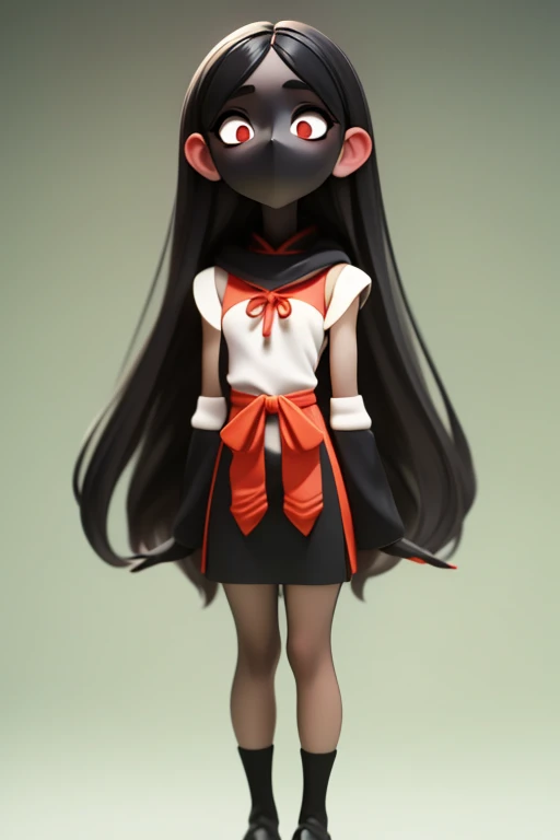 　Primary school students　young　small　height: 130cm　Standing picture Simple design　The dress is a one-piece　camisole　No sleeve　Sleeveless　Long Hair　Long black hair　Hair is black　Red eyes　Shoulder-baring ahoge　Kokeshi
