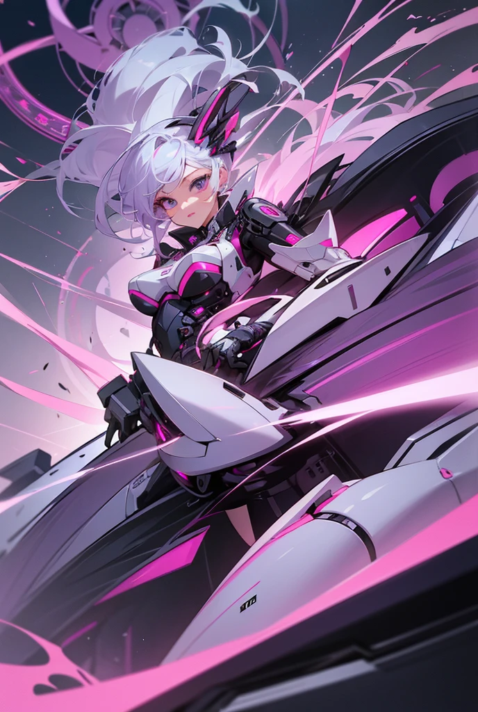 beautiful, Miss, Sexy face, yellow eyes, white hair, slim, sexy pose, Pink tights, Mecha, neon lights, Lead the Night City, view from above, high quality, actual, beautiful light, full details, black background