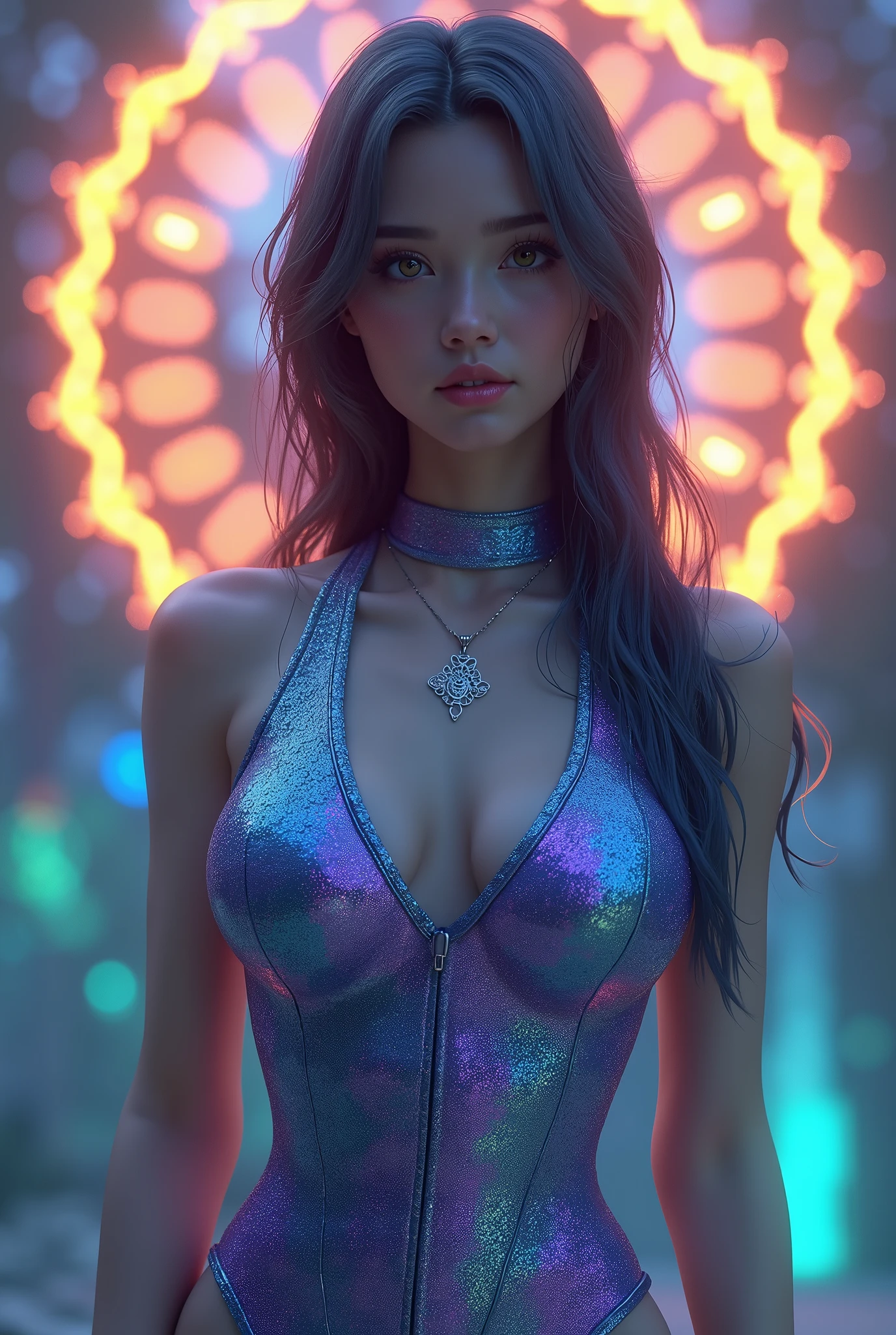 amoled ultra realistic photograph of a 25 years old european girl, RAW, beautiful woman, (extra long wavy black hair), ((portrait)), ((detailed face:1.2)), ((detailed facial features)), (finely detailed skin), pale skin, (high detailed deep cleavage cyberpunk steel dress), black background, (cold colors), damp, moist, reflections, (masterpiece) (perfect proportion)(realistic photo),(best quality), (detailed), (strong amoled magenta and blue neon lighting), (sharp focus) (intricate)