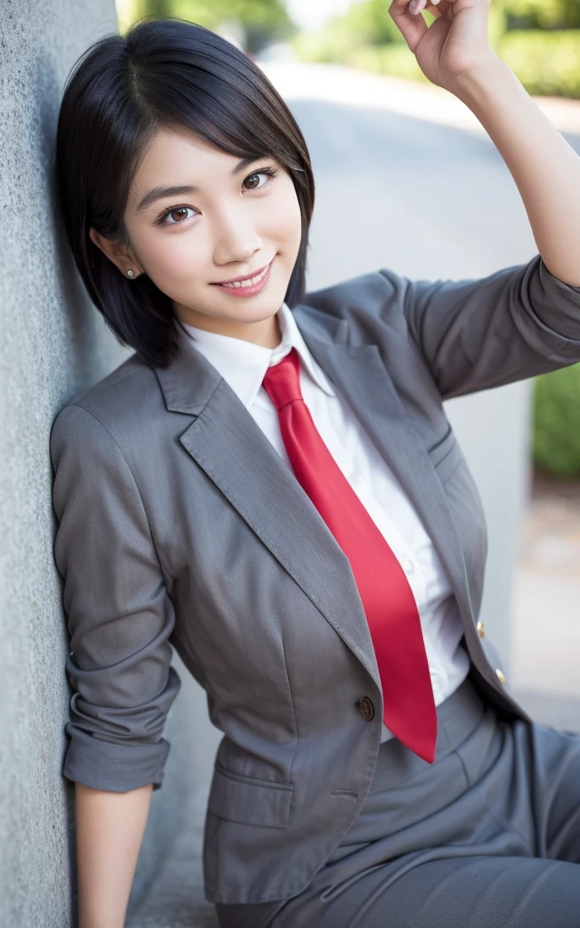 girl, Hyper Realistic, masterpiece, smile, portrait, bobhair, light gray pencil skirt suit, white shirt, red necktie, pantyhose