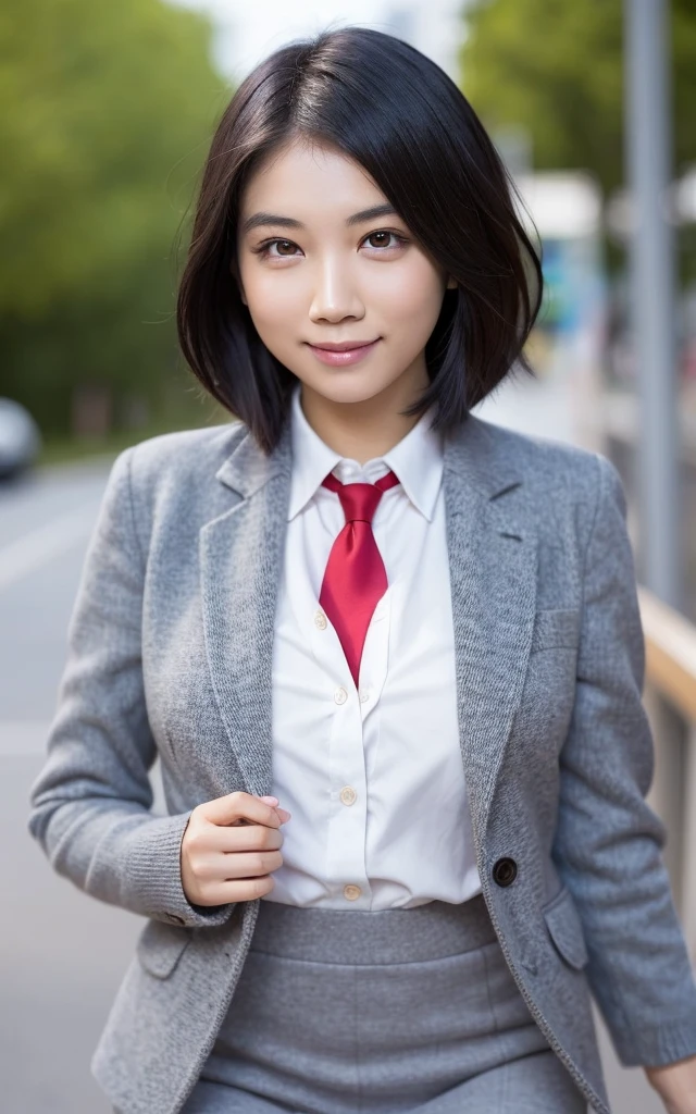 girl, Hyper Realistic, masterpiece, smile, portrait, bobhair, light gray pencil skirt suit, white shirt, red necktie, pantyhose