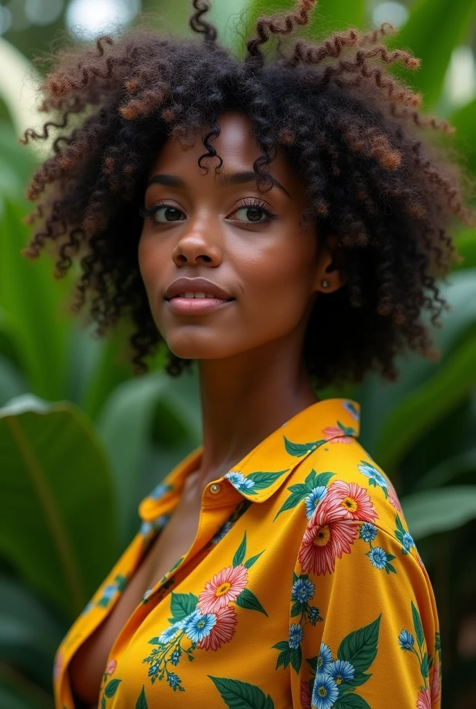 A Brazilian woman in a lush tropical garden, wearing an open shirt with a floral print, with a close-up capturing the harmonious beauty between her breasts and the natural flowers, showing off your natural charm and outgoing personality.