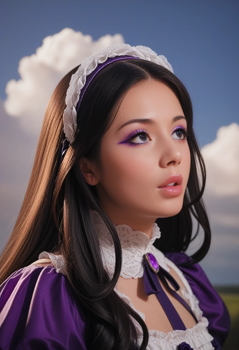 score_9, score_8_up, score_7_up, 8k, ultra hd, masterpiece, 1 girl, very cute face, detailed eyes, ultra long hair, detailed lips, light makeup, very detailed costume, ****ta costume, purple costume, strome weather, clouds, low lighting, blowing air,