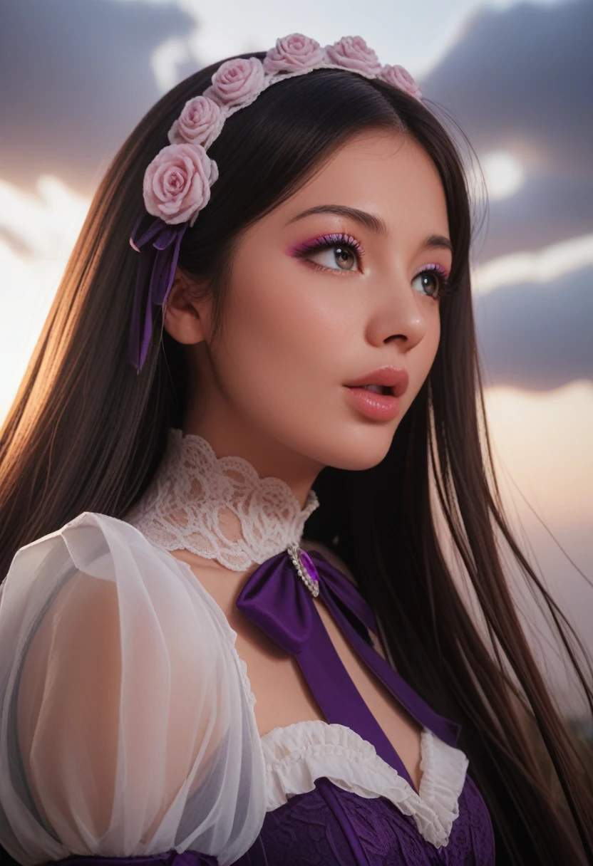 score_9, score_8_up, score_7_up, 8k, ultra hd, masterpiece, 1 girl, very cute face, detailed eyes, ultra long hair, detailed lips, light makeup, very detailed costume, ****ta costume, purple costume, strome weather, clouds, low lighting, blowing air,