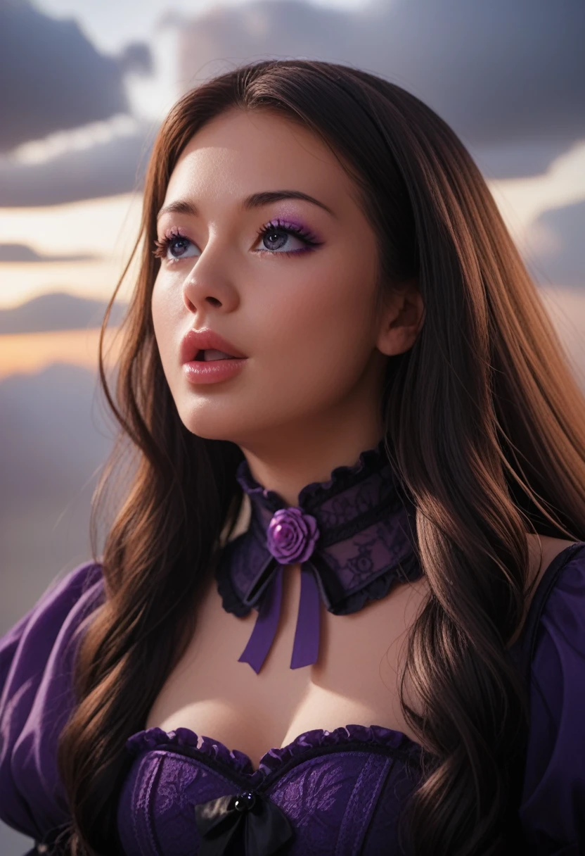 score_9, score_8_up, score_7_up, 8k, ultra hd, masterpiece, 1 girl, very cute face, detailed eyes, ultra long hair, detailed lips, light makeup, very detailed costume, ****ta costume, purple costume, strome weather, clouds, low lighting, blowing air,