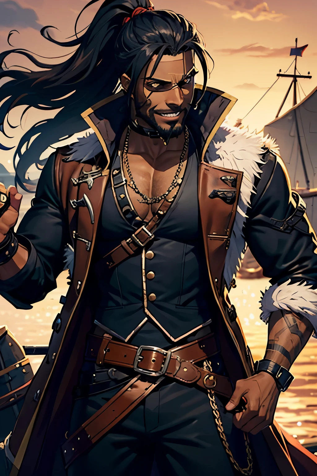 Older black pirate with dreads, cunning look