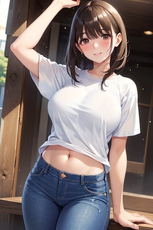 1girl, natural lighting, masterpiece, highly detailed, illustration, game CG, absurdres, high quality, aichan, large breasts, beautiful detailed eyes, medium hair, ponytail, bangs, glossy lips, blush, garden, standing, from below, tied shirt, midriff, collarbone, jeans
