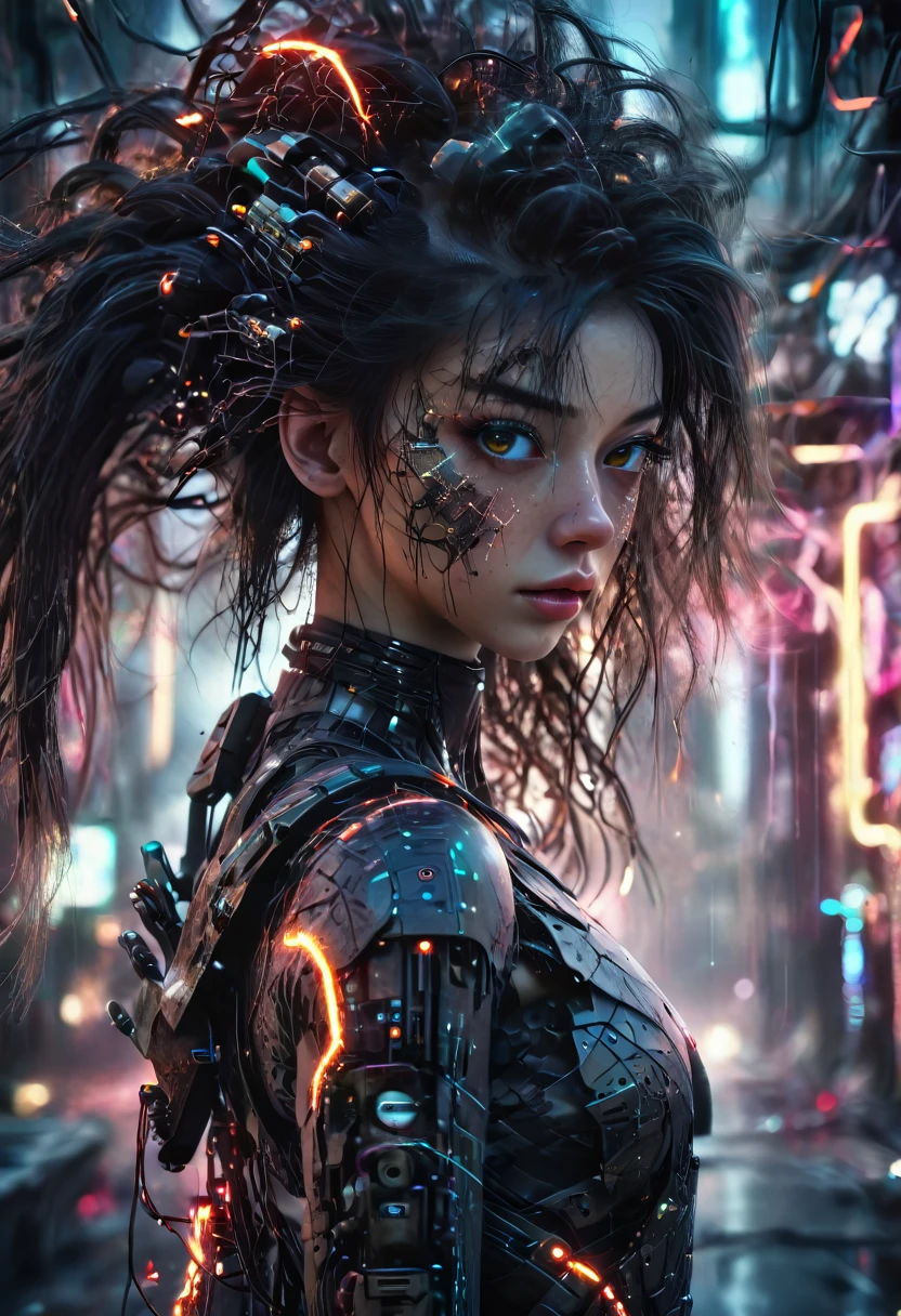 A beautiful cybernetic girl with strands of neural networks in her hair, futuristic, ultra detailed, 8k, best quality, photorealistic, glowing neon cyberpunk cityscape background, intricate mechanical limbs, holographic displays, advanced technology, vibrant colors, dramatic lighting