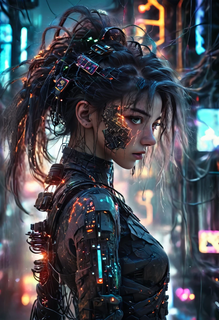 A beautiful cybernetic girl with strands of neural networks in her hair, futuristic, ultra detailed, 8k, best quality, photorealistic, glowing neon cyberpunk cityscape background, intricate mechanical limbs, holographic displays, advanced technology, vibrant colors, dramatic lighting