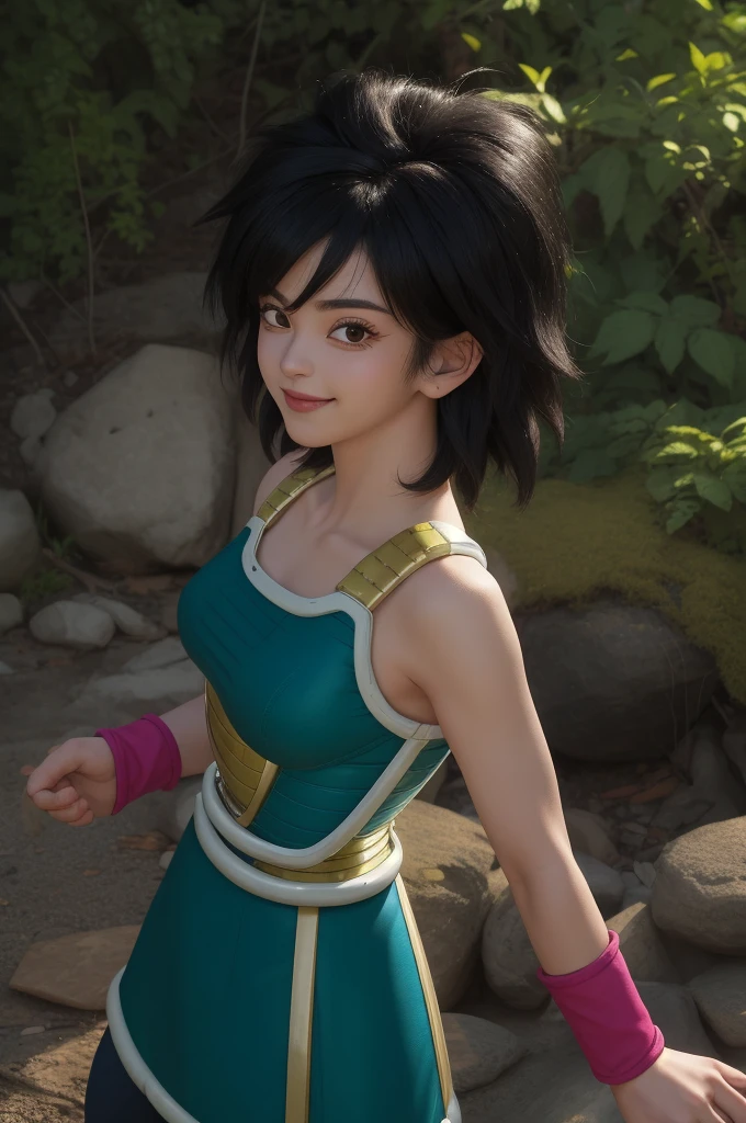 gine,1girl,solo,short hair,black hair,black eyes,spiked hair,messy hair,medium hair,bangs,
bare shoulders,armor,bare arms,wristband,saiyan armor,skirt,pantyhose,breastplate,
smile,closed mouth,upper body,
forest,outdoor,
(insanely detailed, beautiful detailed face, masterpiece, best quality) cinematic lighting,