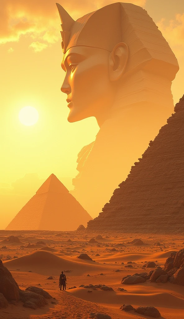 An alien figure stands in a sprawling desert, striking pyramids standing proudly in the distance under the glow of a setting sun. Uniquely patterned in the design of the 'Flower of Life', recognized sacred geometry, the pyramids surface reflects the dying light, casting mystical shadows over the sandy terrain. The alien, a creature of exotic features and an indistinguishable physique, is observed curiously studying these structures, the signs of an ancient civilization surrounding it. The entire scene embodies a sense of mystique, unworldliness, and profound timelessness, as if inviting us to unlock the secrets hidden beneath the sands of time.