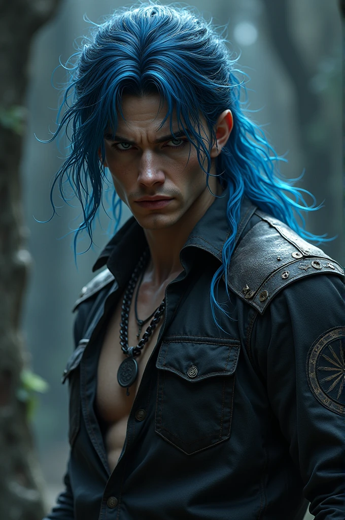 The blue-haired and long-haired male ager had an indifferent expression, crying with broken clothes, chains on his hands, whip marks on his body --auto