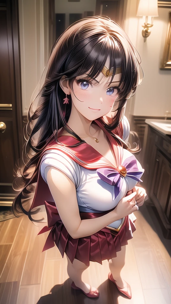 (Close-up of a woman)、((Full body depiction))、10 generations of women、Pink Lip Gloss、smile、blush、(Open the lipstick a little、High resolution、16K))、Medieval city、Depict every detail、Noise is kept to a minimum、Doing a full cosplay of Sailor Mars