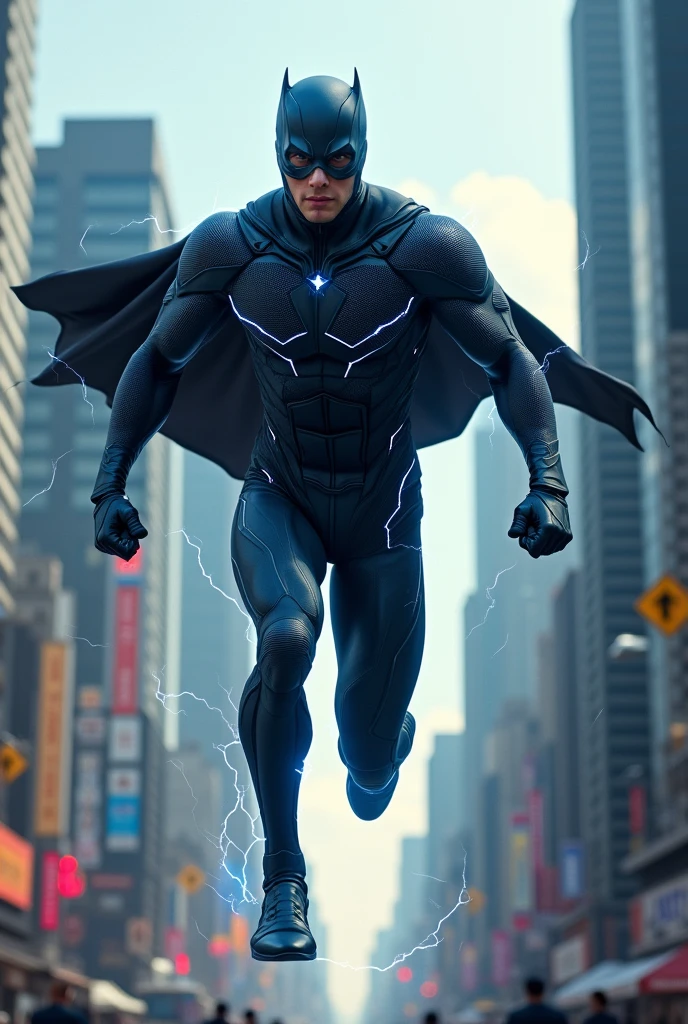 I want you to create a male character with metal control powers. He is a 2 white male not so muscular who has short black hair with black eyes. His superhero costume is black with blue details and a black cape.. Levitating between buildings he uses his powers to lift several cars